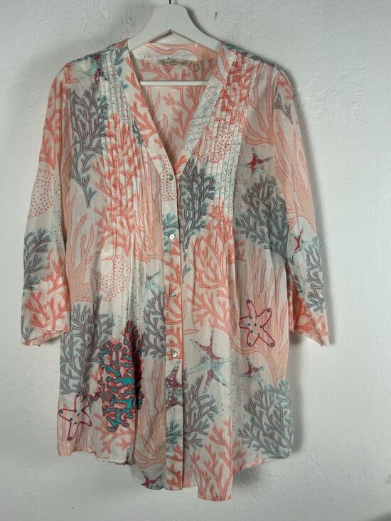 Soft Surroundings Tops - Soft Surroundings Womens Malha Reef Tunic Shirt Large Button Front 3/4 Sleeves